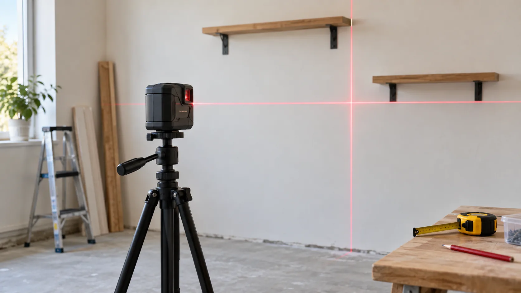 Niveau laser croix sur trépied projetant des lignes rouges dans une pièce en travaux
