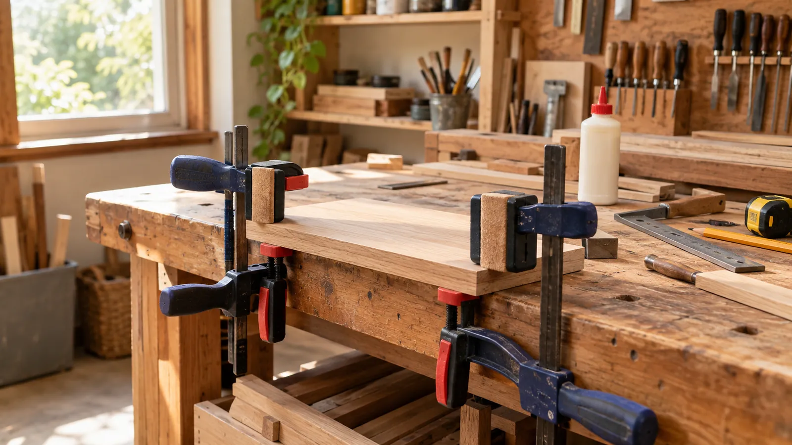 Plusieurs serre-joints immobilisant une planche de bois sur un établi