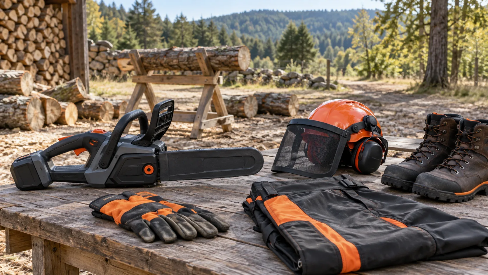 Tronçonneuse à batterie protégée avec casque, pantalon anticoupure, gants et chaussures de sécurité