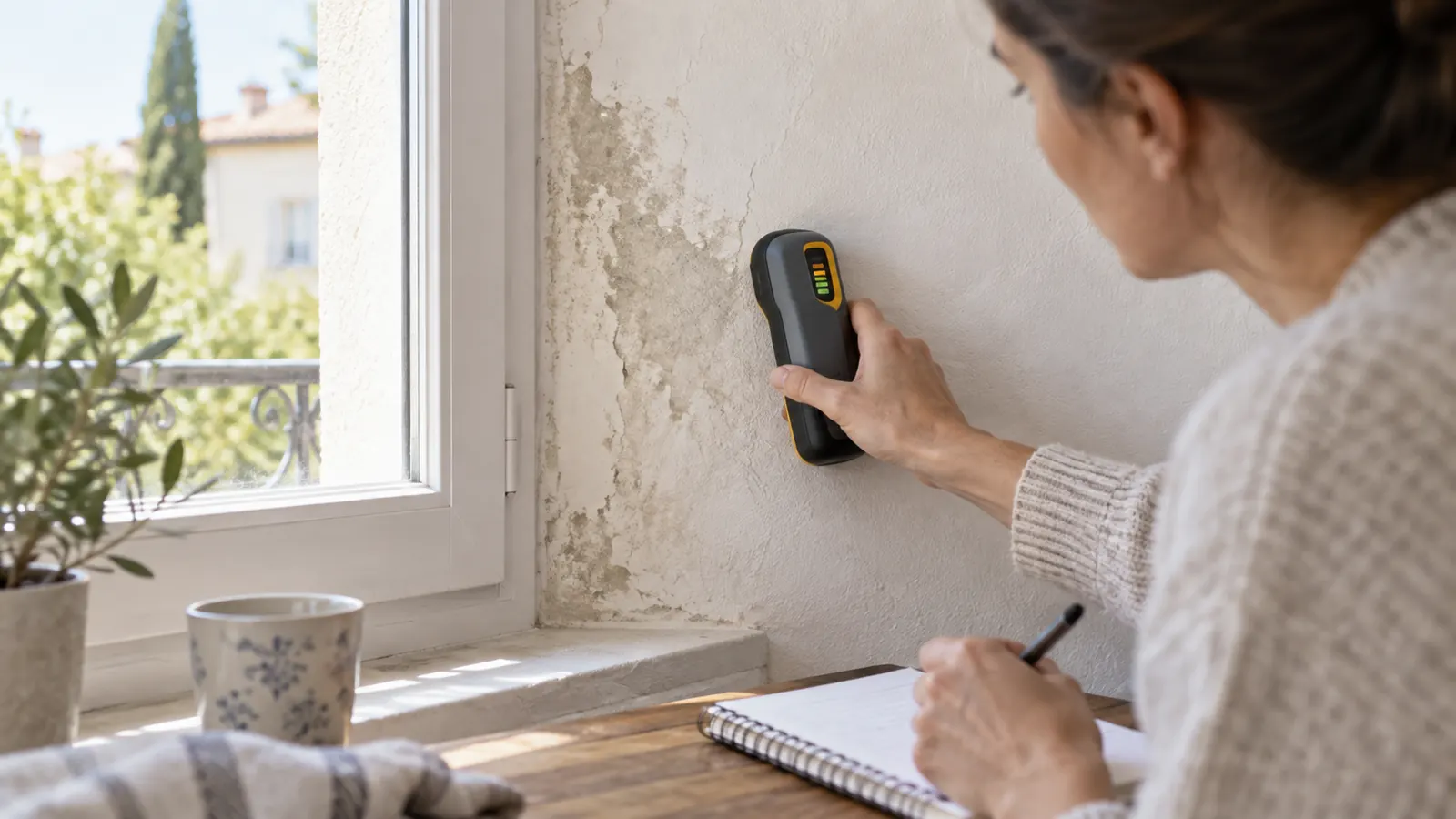 Contrôle d’une zone humide sur un mur intérieur près d’une fenêtre