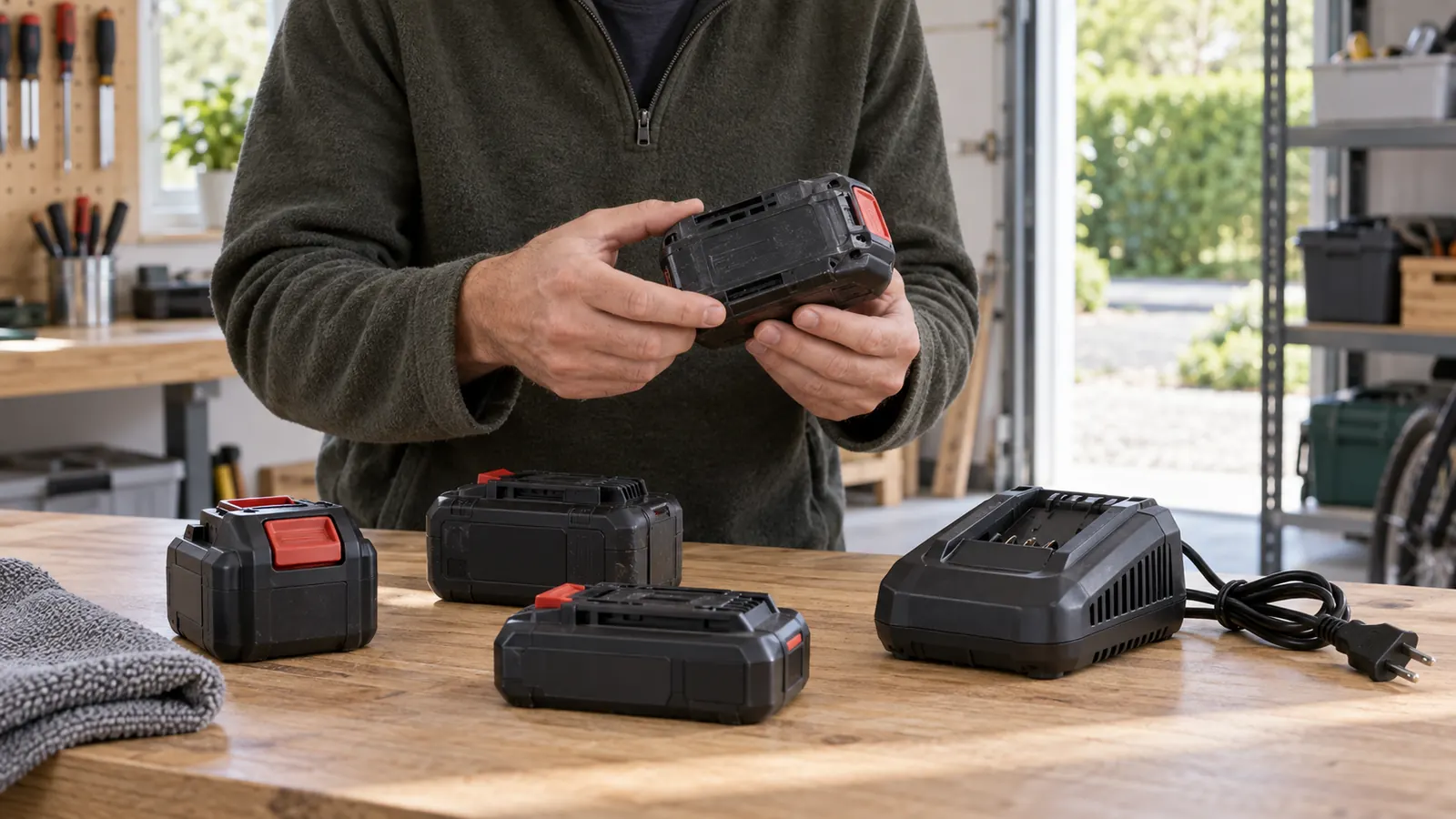 Contrôle de batteries amovibles et d’un chargeur d’outillage sur un établi