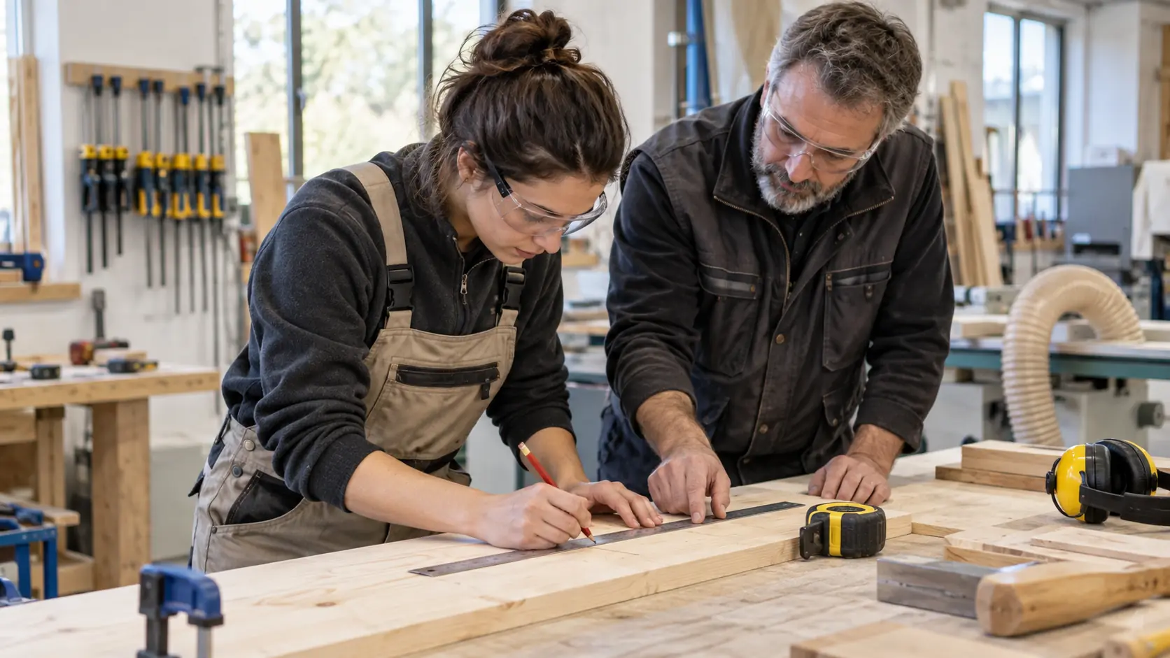 Apprenante mesurant une planche de bois avec les conseils d’un formateur en atelier
