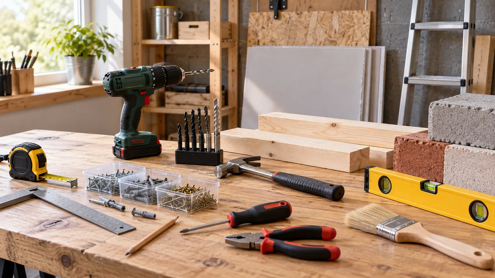Outils et échantillons de matériaux organisés sur un établi