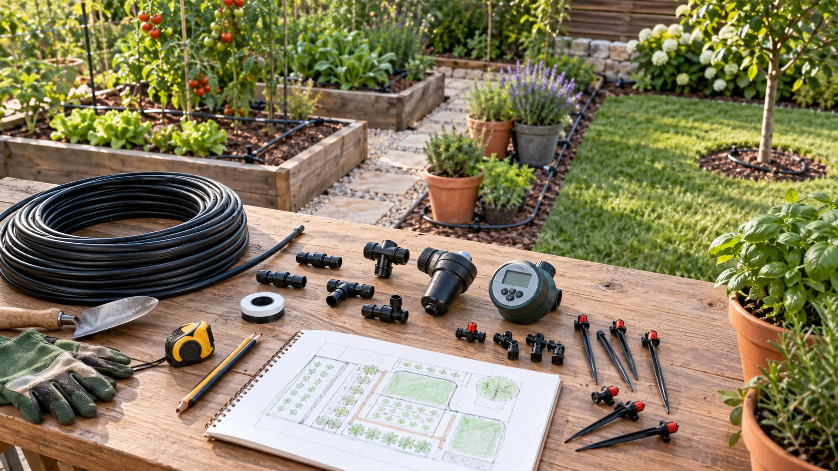 Tuyaux goutte-à-goutte, raccords, programmateur et plan de jardin disposés sur une table