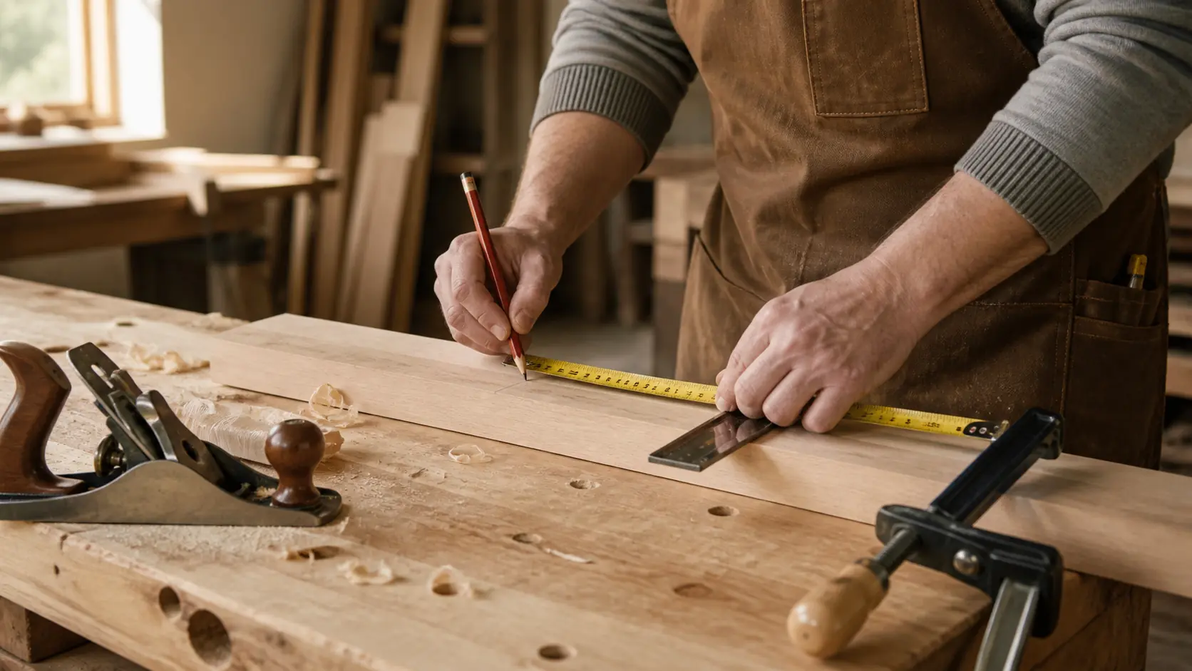 Mesure précise d’une planche de bois dans un atelier