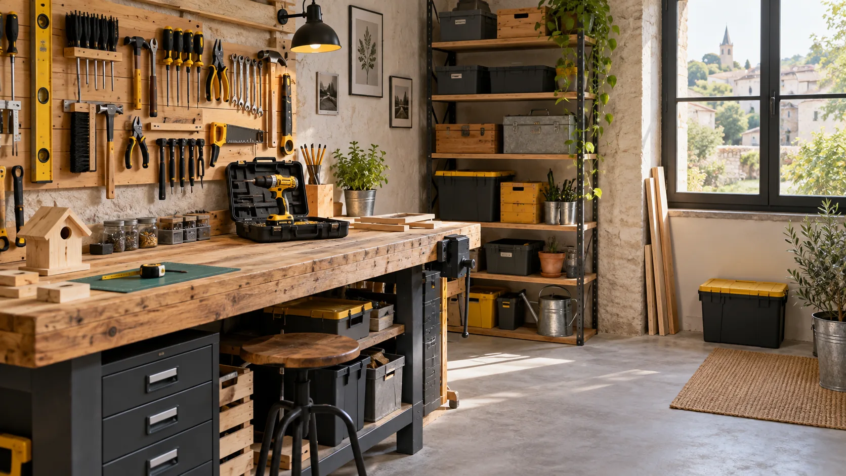 Petit atelier organisé avec établi, outils rangés et circulation dégagée