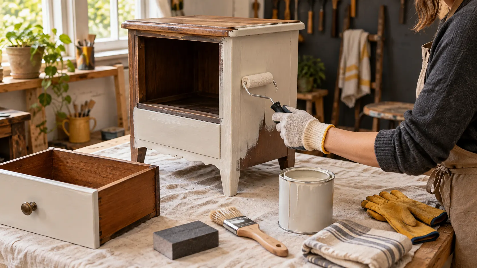 Petit meuble en bois peint au rouleau sur un établi protégé avec tiroir démonté