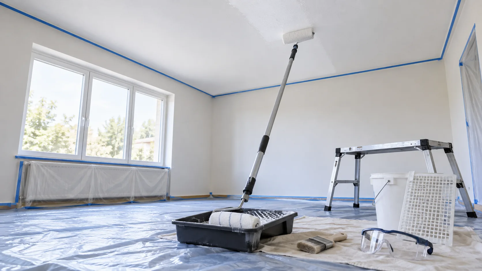 Pièce protégée pour peindre un plafond avec rouleau sur perche, bac et brosse à rechampir
