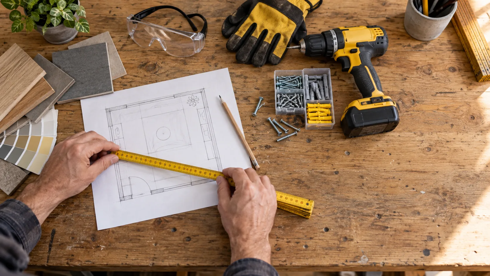 Planification d’un achat de matériaux avec mesures et liste de chantier