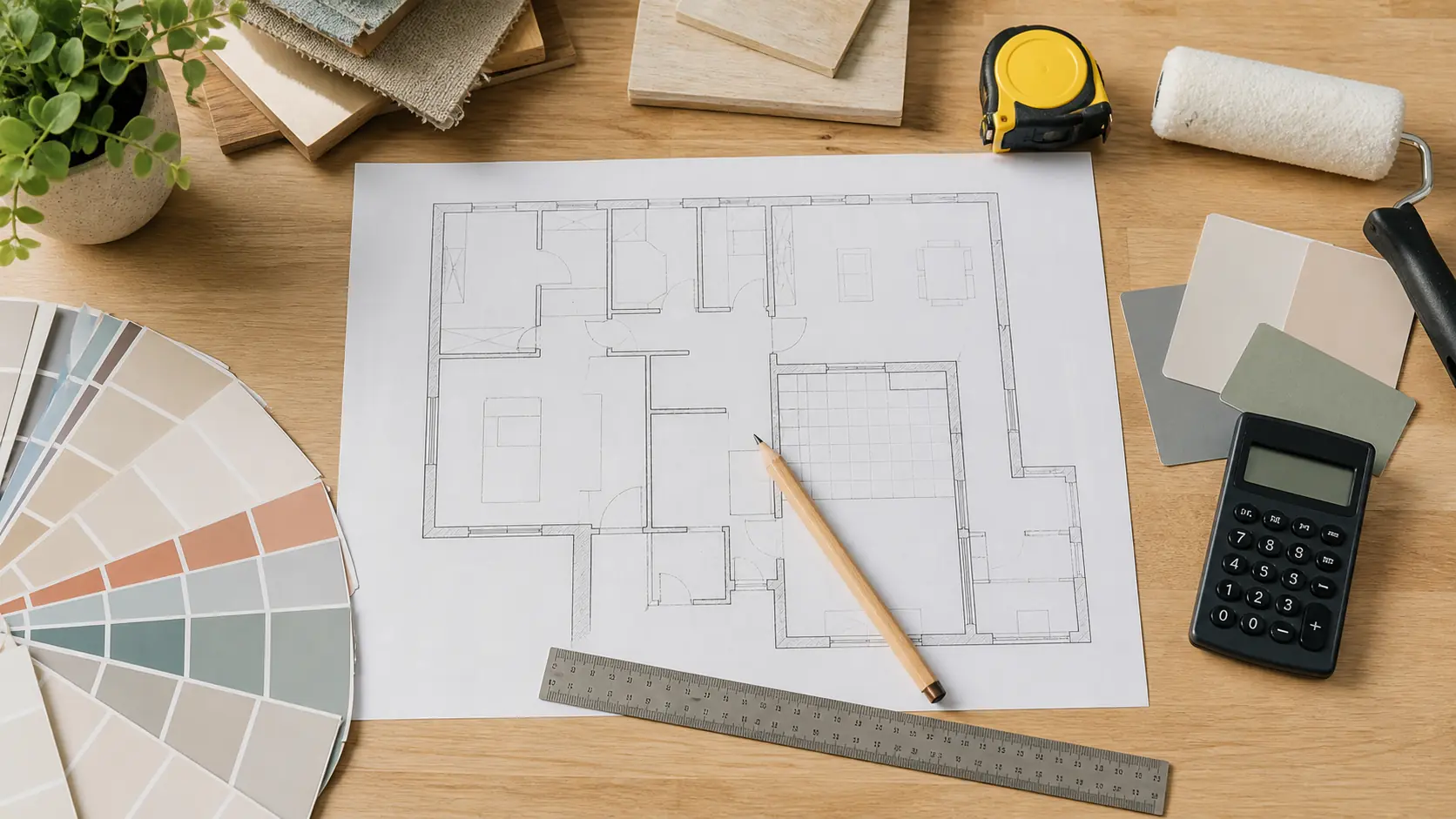 Préparation d’un projet avec plan, nuancier et outils de mesure