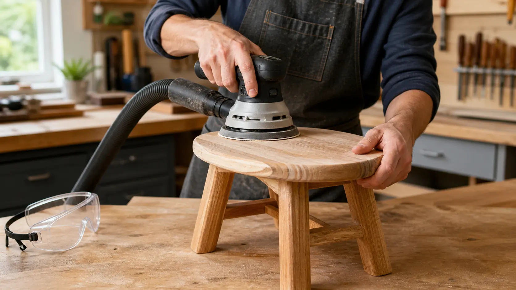 Ponçage d’un tabouret en bois avec aspiration et lunettes de protection