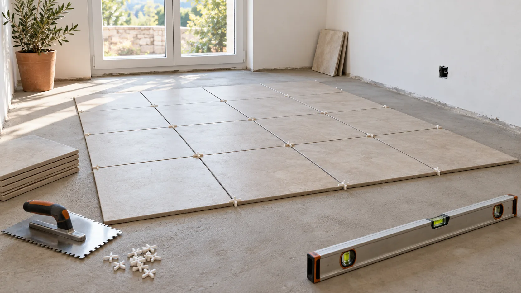 Calepinage à sec de grands carreaux avec croisillons, niveau et peigne à colle