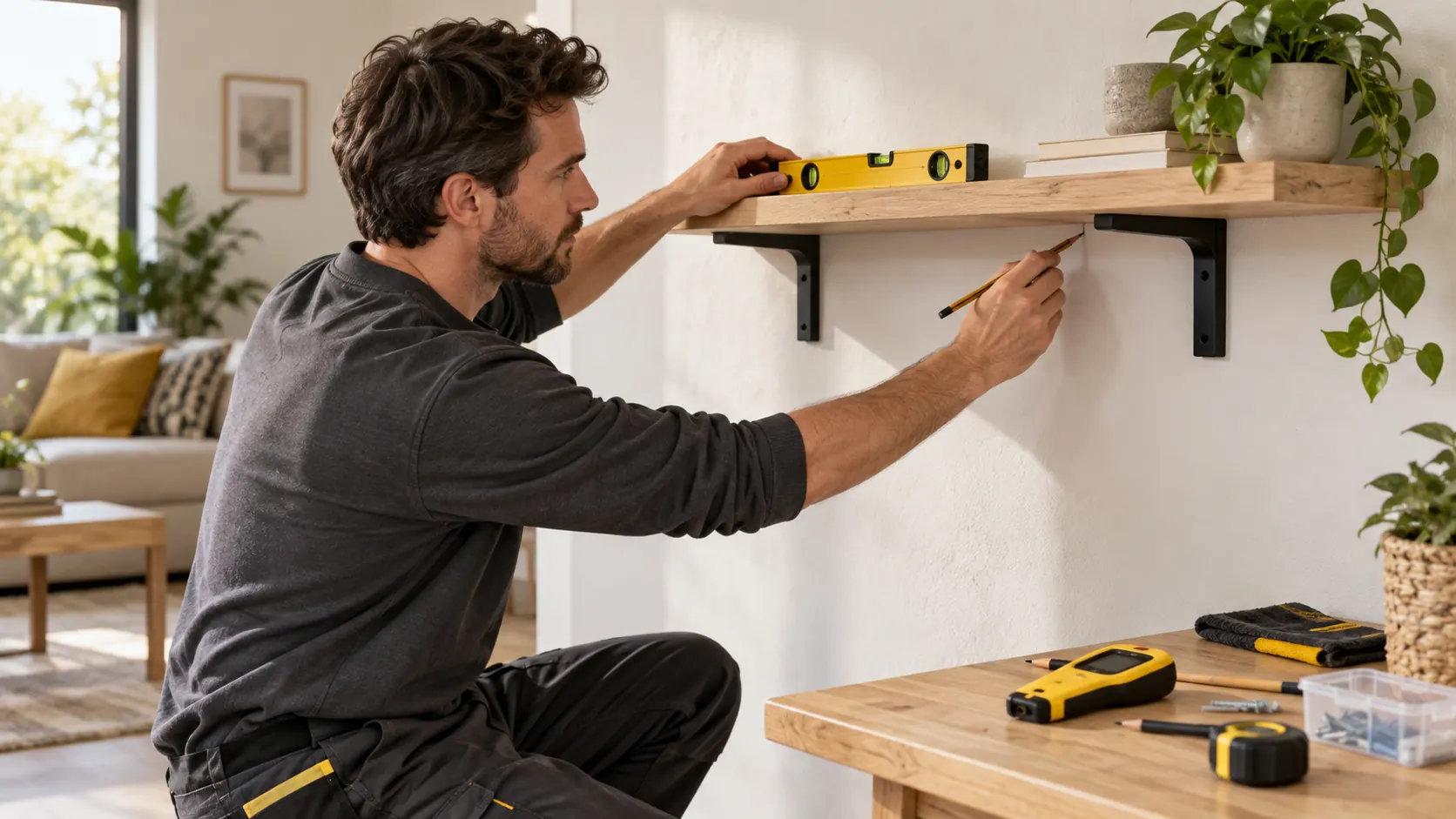 Pose précise d’une étagère en bois avec niveau et détecteur de réseaux à proximité