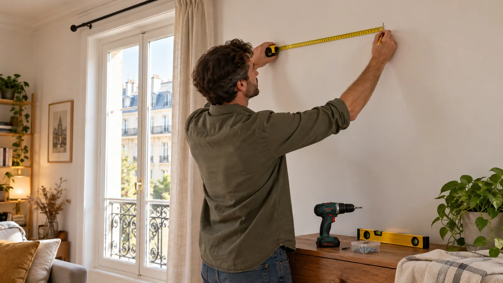 Mesure et traçage de supports de tringle près d’une fenêtre