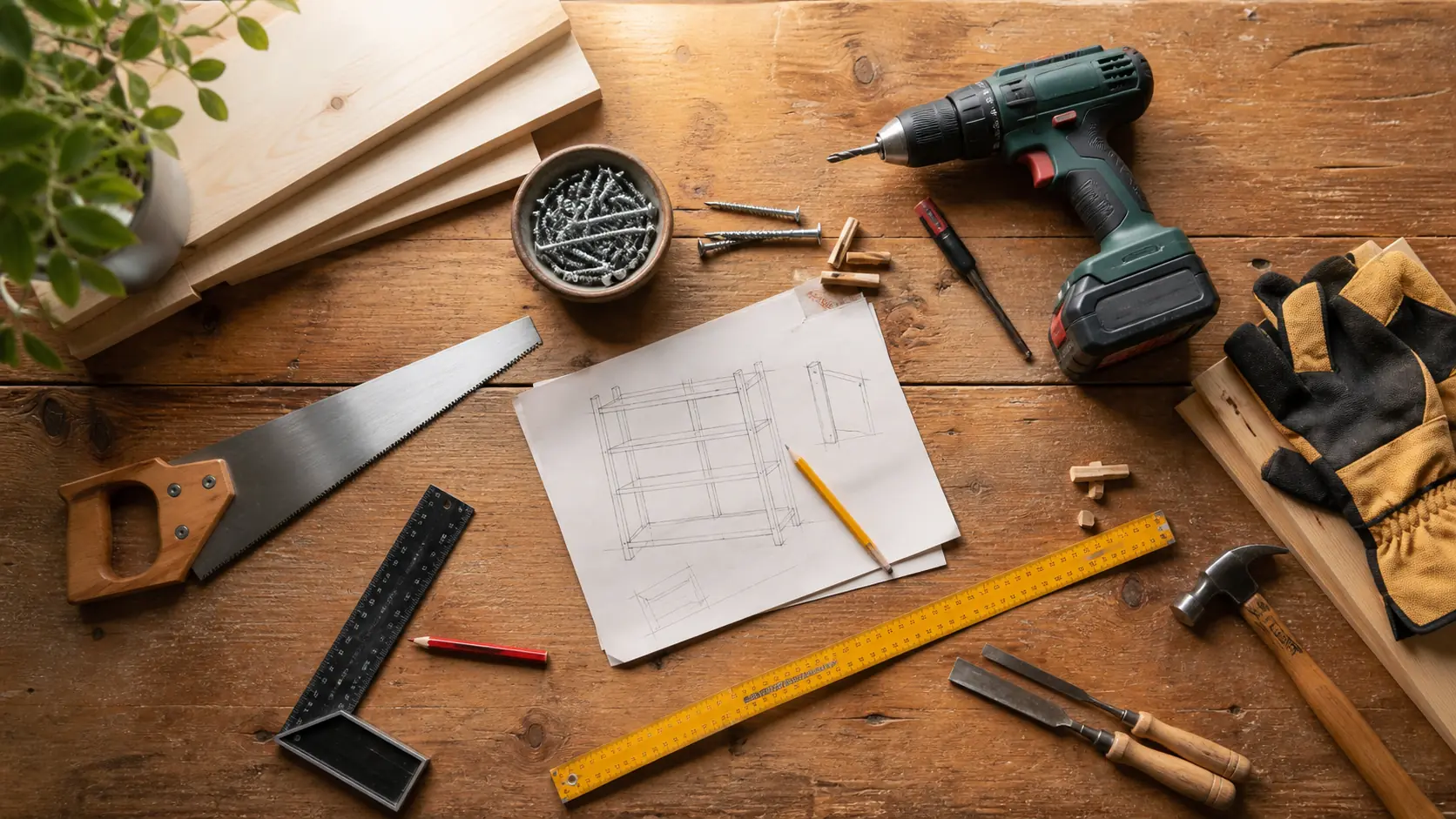 Établi préparé avec outils, plan de projet et matériel de bricolage