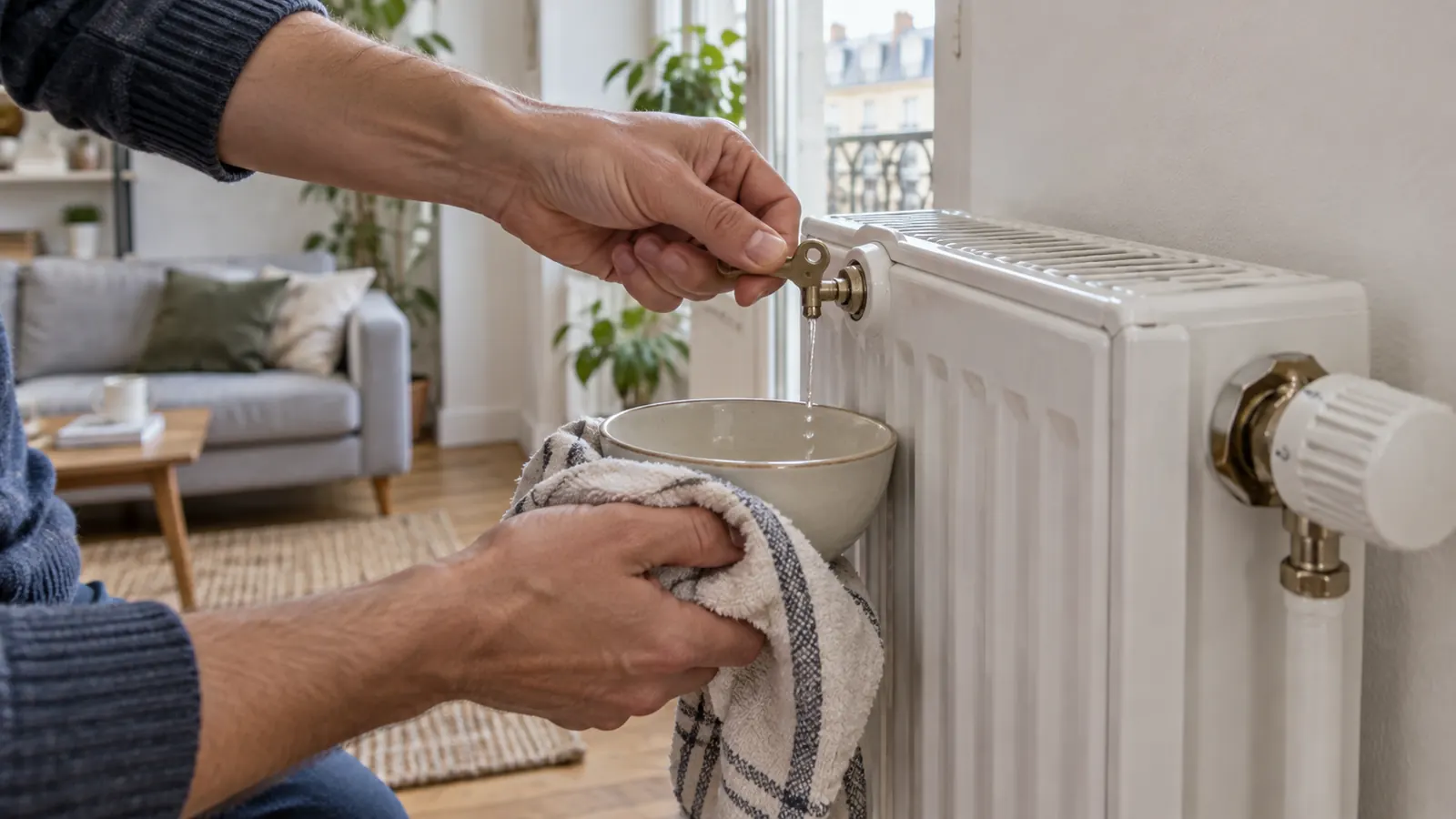 Purge d’un radiateur à eau avec clé et récipient