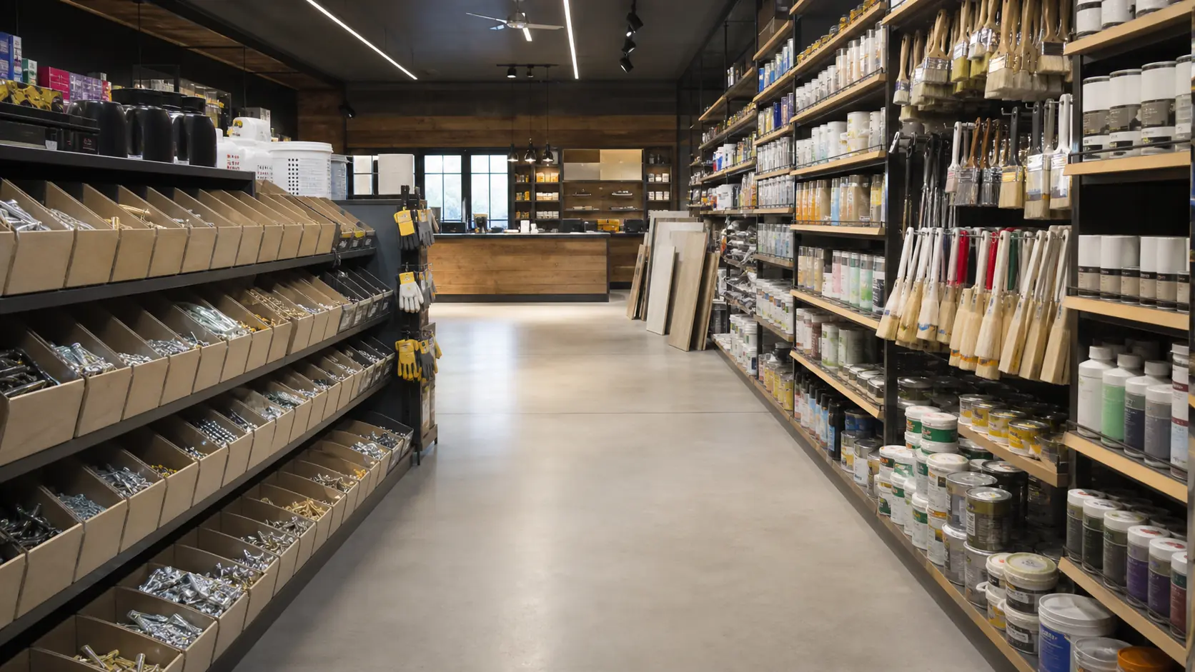 Rayon d’une quincaillerie avec fixations, peintures et outils génériques