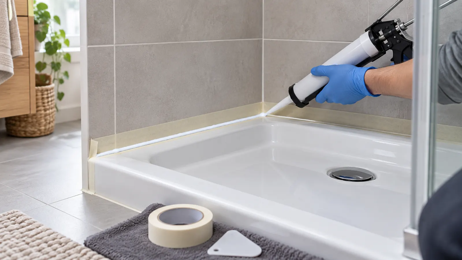 Application d’un joint silicone sanitaire sur un receveur de douche