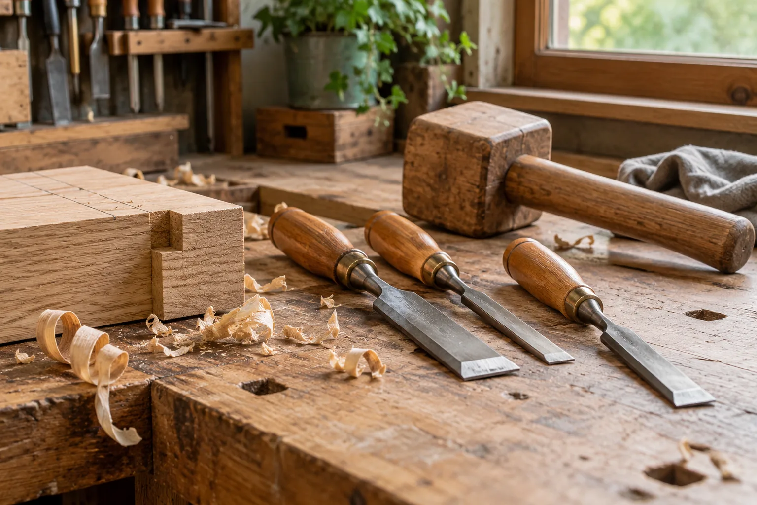 Maillet et ciseaux à bois posés sur un établi avec des copeaux