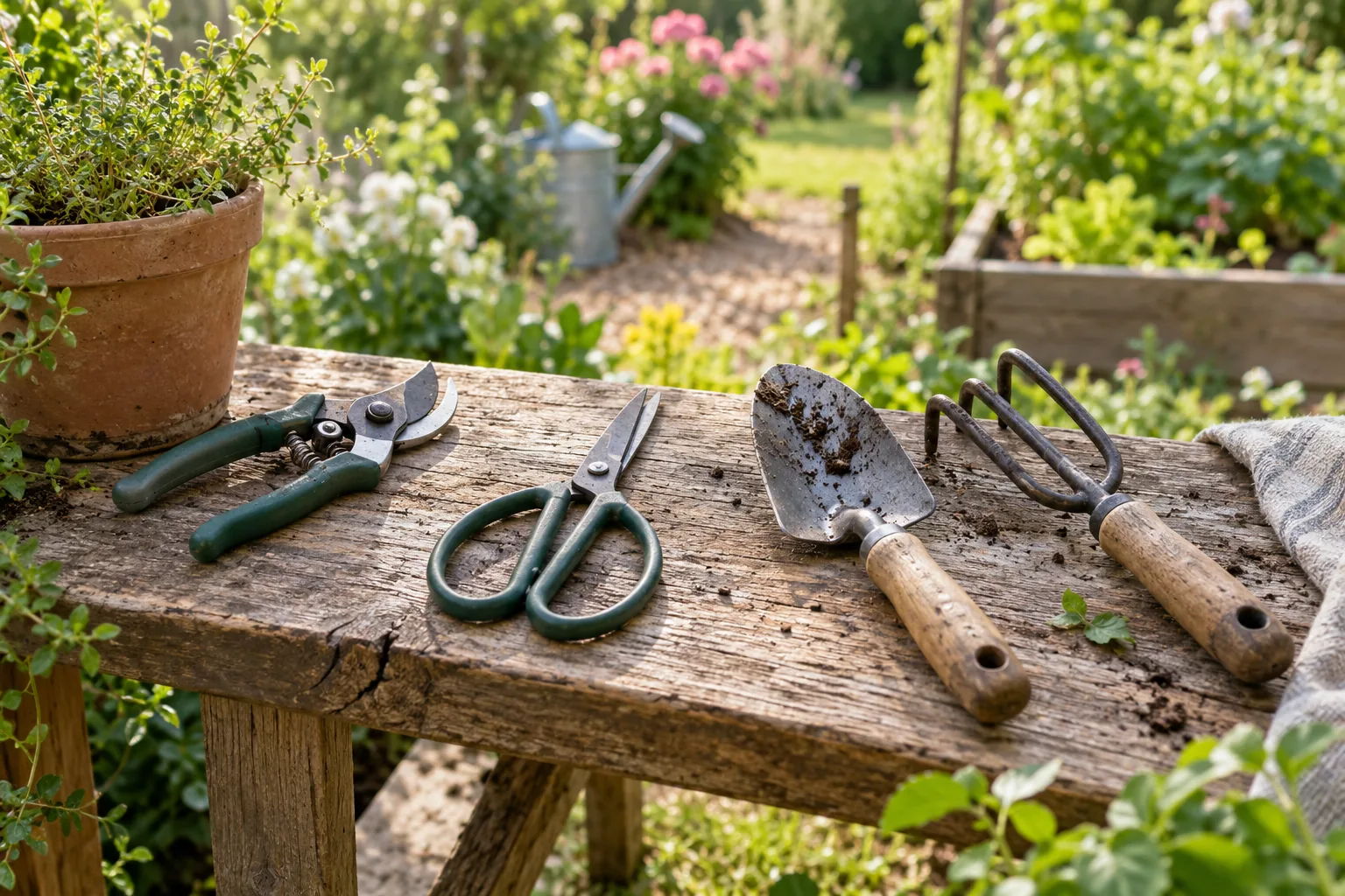 Sécateur, ciseaux, transplantoir et griffe de jardin sur un banc en bois