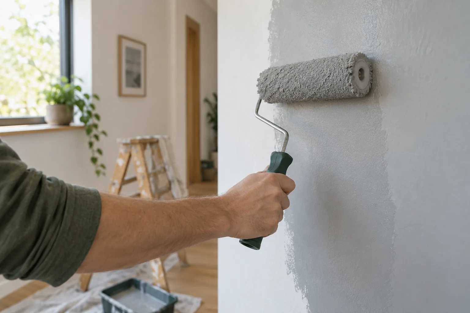 Main tenant un rouleau pour appliquer une peinture grise sur un mur
