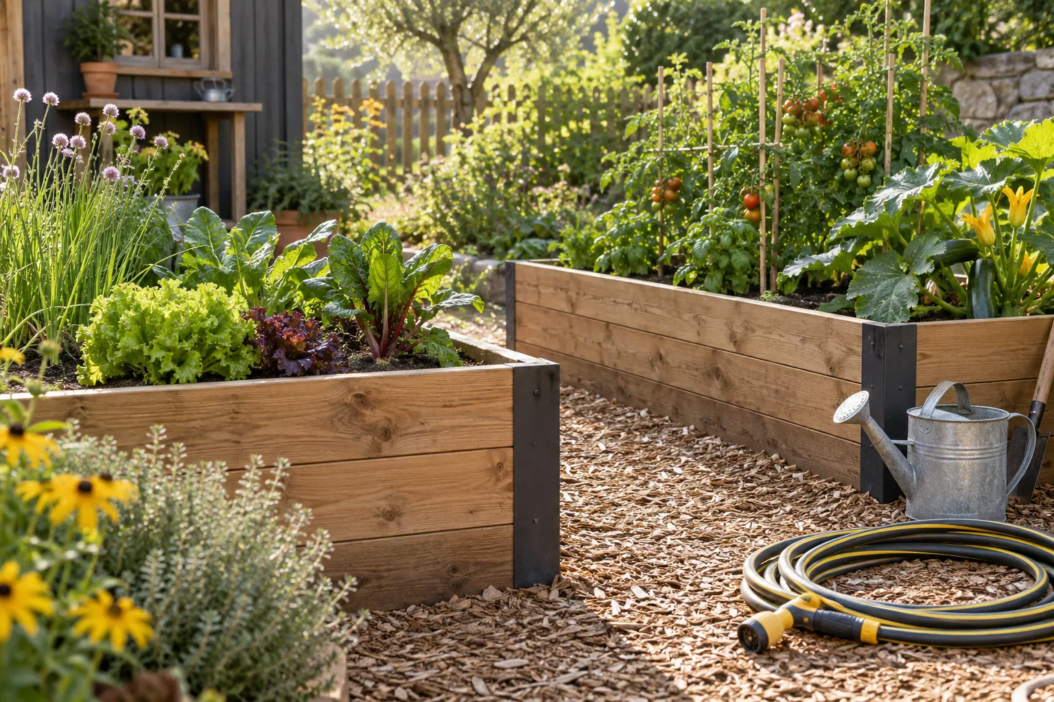 Petit potager avec paillage, tuyau et arrosoir prêts pour l’entretien