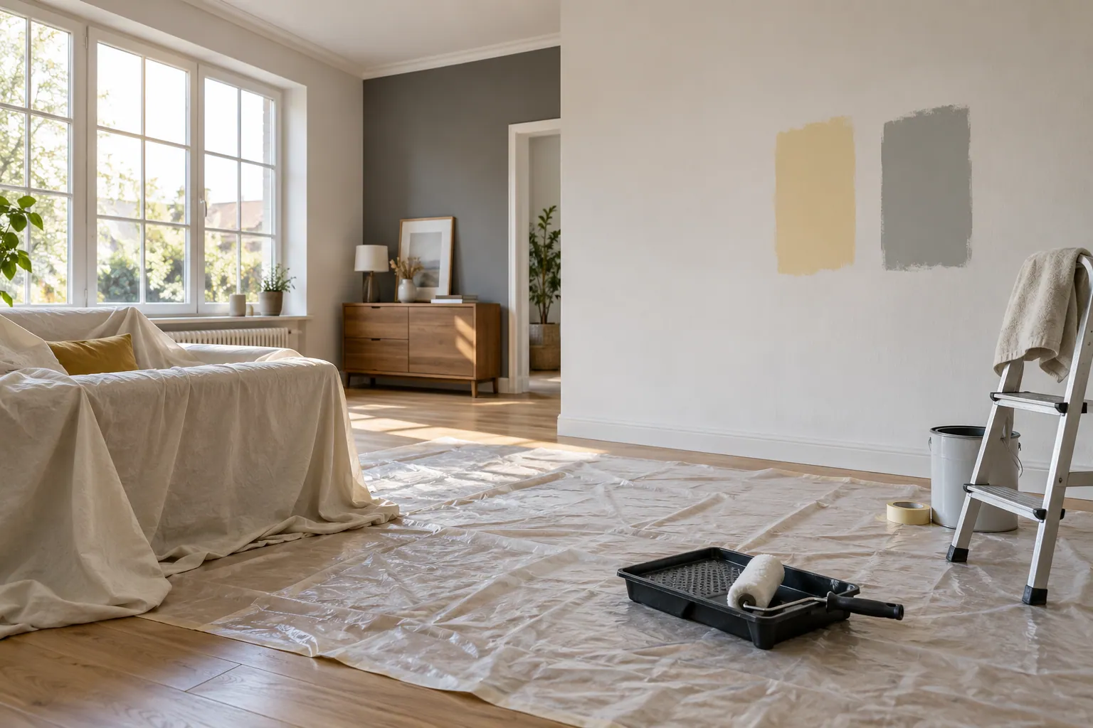 Pièce protégée avec un rouleau et des essais de couleur avant les travaux de peinture