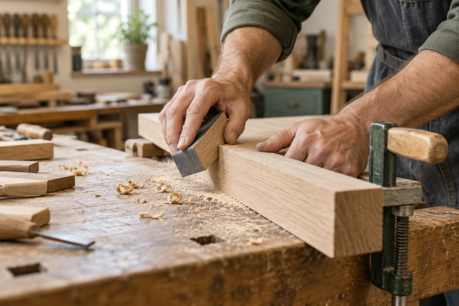 Mains ponçant une planche maintenue par un serre-joint sur un établi